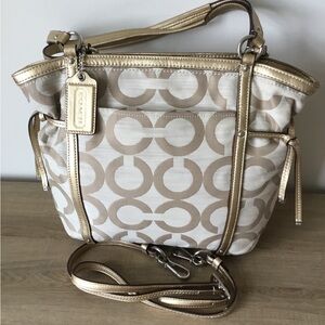 Coach Audrey Op Art Shantung cinched tote gold leather trim signature C print